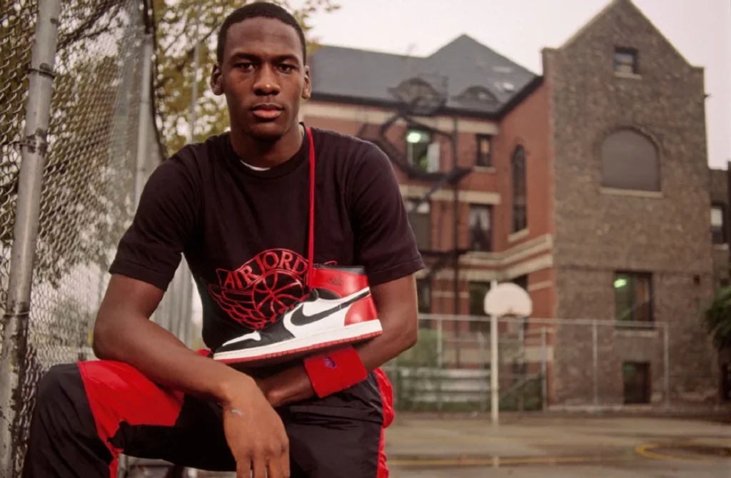 Michael Jordan with the sample Air Jordan 1 Black Toe